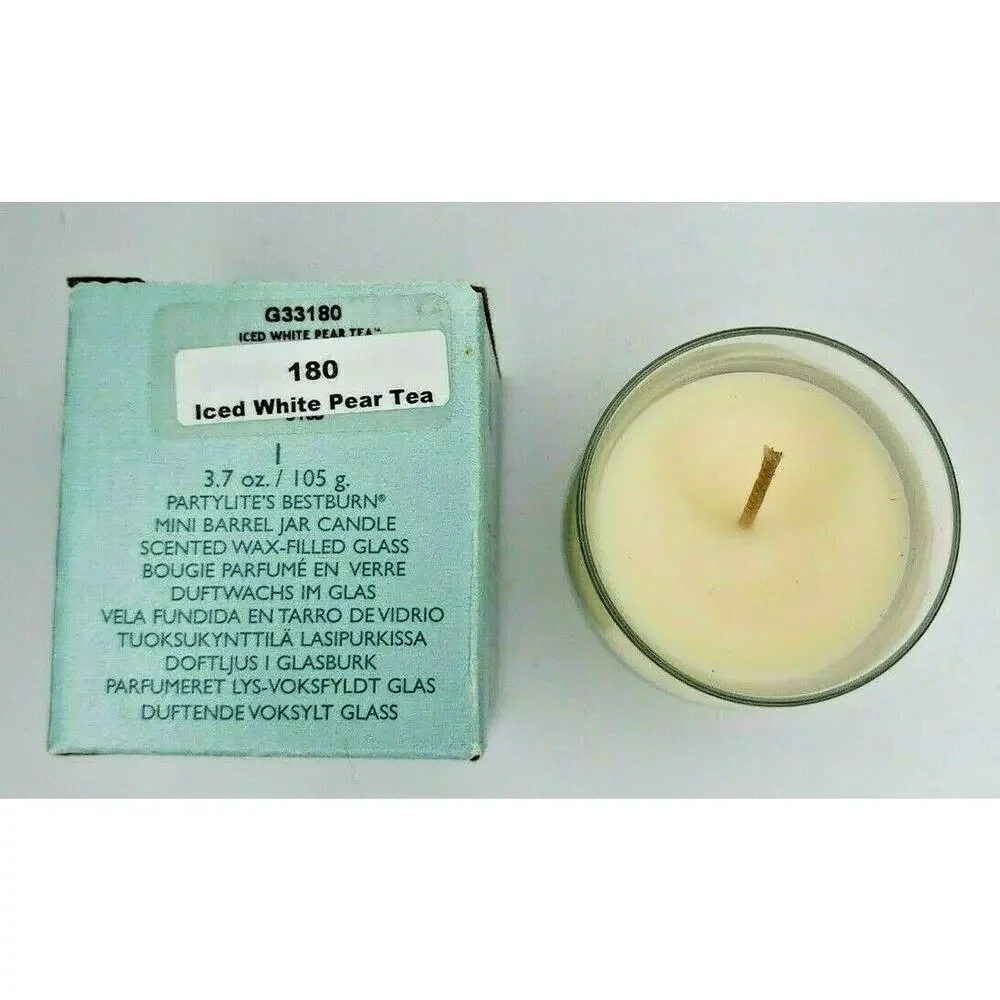 PartyLite Mini Barrel Glass Jar Candle 3.7oz‎ Iced White Pear Tea  P6D/G33180